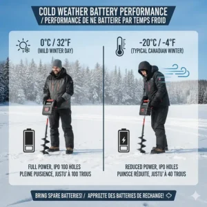 Graph showing 10-inch electric ice auger battery life at -20°C versus 0°C for Canadian ice fishing trips.