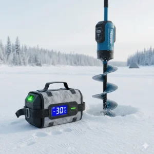 Illustration showing an electric ice auger battery with a thermal jacket, performing in sub-zero Canadian winter temperatures.