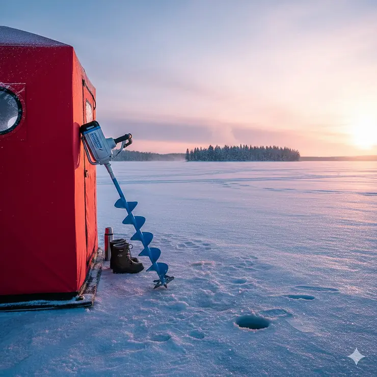 A powerful electric ice auger standing next to a fishing hut on a frozen Canadian lake during sunrise. gas ice auger