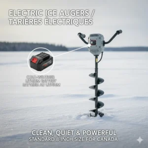 An electric ice auger with a cold-weather lithium battery, showing the standard 8-inch bit most common in Canada.