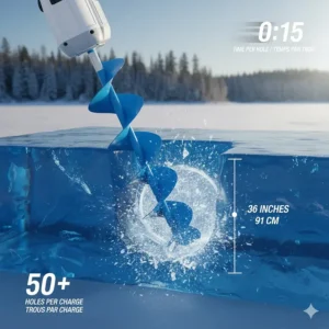 Illustration showing an electric ice auger quickly cutting through thick blue ice, demonstrating high torque and efficiency.