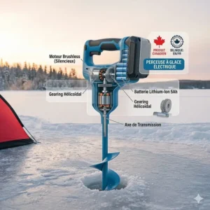 An infographic of a quiet electric ice auger with bilingual labels in English and French (Perceuse à glace électrique) for Canadian consumers.