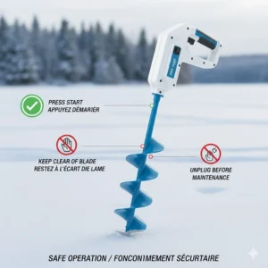 Safety illustration for an electric ice auger with bilingual English and French labels for the Canadian market.