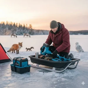 Illustration of a compact electric ice auger packed neatly into a pulk sled for a backcountry fishing trip in the Canadian Rockies.
