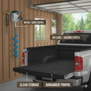 Graphic depicting clean, leak-free storage of an electric ice auger in a vehicle or garage during the Canadian off-season.