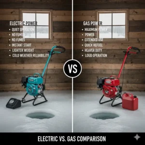 Infographic comparing StrikeMaster electric and gas power ice augers for Canadian ice fishing huts.