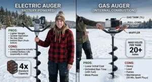 Comparison chart of electric vs gas ice augers for beginners highlighting weight and ease of use.
