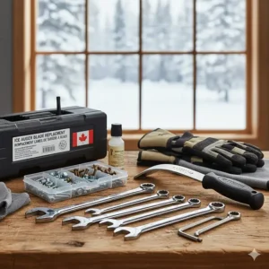 Graphic of a maintenance kit for ice auger blade replacement featuring a wrench, screws, and sharpener.