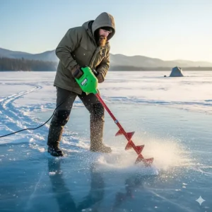 Rugged gas-powered ice auger extension kit assembly for drilling through four feet of ice in Northern Manitoba.