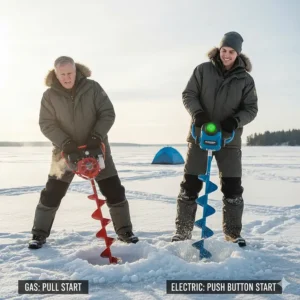 Illustration of a frustrated angler pull-starting a gas auger next to an angler easily using a push-button electric ice auger.