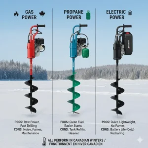 Comparison chart of gas, propane, and electric 10-inch ice augers for Canadian winter temperatures.