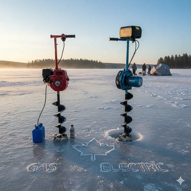 A side-by-side comparison of a gas ice auger and a modern electric ice auger on a frozen lake in Ontario, highlighting the differences in design and power. gas vs electric ice auger
