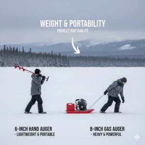 Comparison of a lightweight 6-inch hand auger versus an 8-inch gas-powered auger for trekking across Canadian crown land.