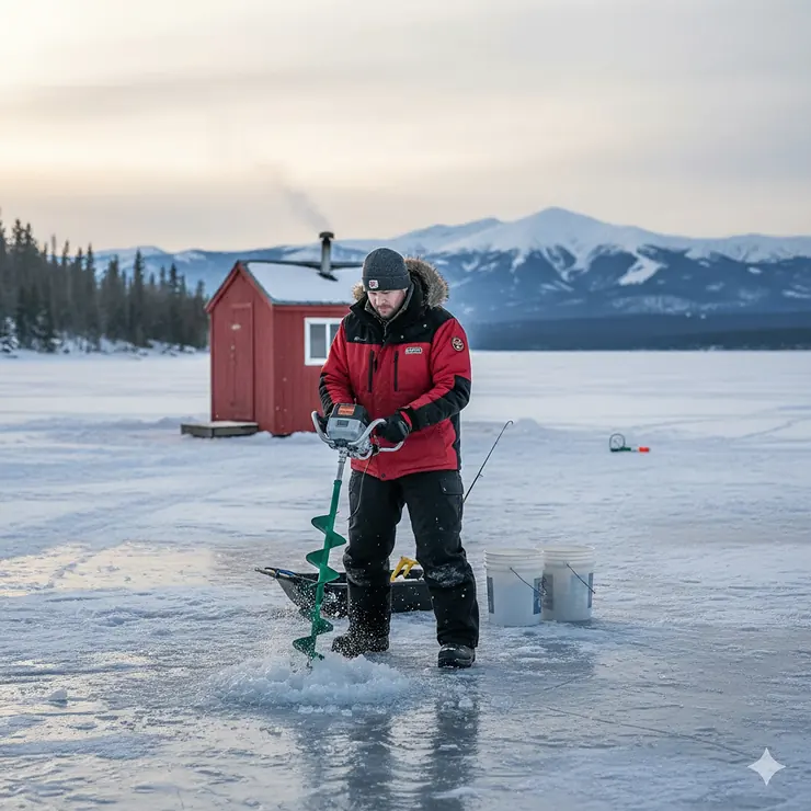 A Canadian angler using a power drill ice auger on a frozen lake in Ontario; a guide on how to choose ice auger size for perch and walleye.