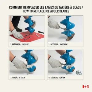 Simple four-step illustration guide on how to perform an ice auger blade replacement at a fishing hut.