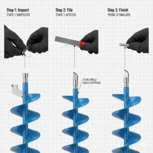 Step-by-step illustration showing how to sharpen manual ice auger blades for thick Canadian lake ice.