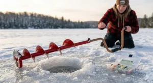 Diagram showing how to hold and rotate a manual ice auger for beginners on thick ice.