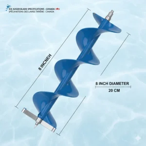 Technical diagram showing the exact 8 inch (20 cm) cutting diameter of an ice auger blade.