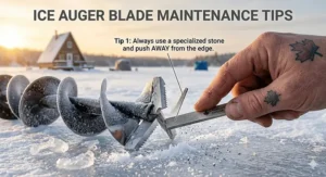 Close-up illustration of ice auger blades with tips on sharpening for a smooth first-time drilling experience.
