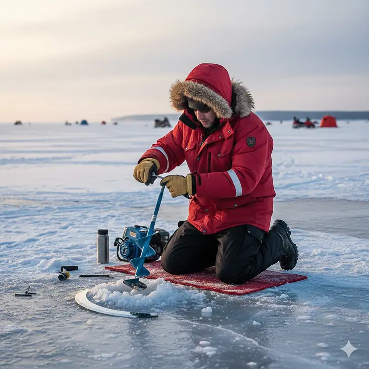 A fisherman performing an ice auger blade replacement on a frozen Canadian lake during a clear winter morning.