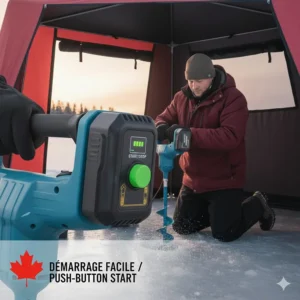 Technical illustration of the dual-blade system on a quiet electric ice auger slicing through thick Canadian lake ice efficiently.