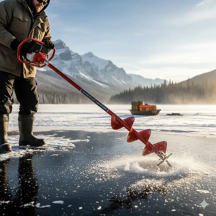 Professional ice auger extension kit used by an angler to drill through thick black ice on a frozen Canadian lake.