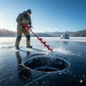 Close-up of the heavy-duty clevis pin and locking bolt on an ice auger extension kit for maximum safety.