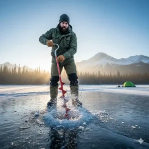 Action shot of an ice auger extension kit reaching deep water beneath a thick snowpack in the Canadian Rockies.