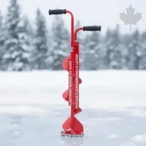 Product illustration of a manual ice auger with bilingual English and French Canadian labeling (Perceuse à glace manuelle).
