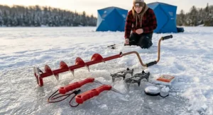 Illustration of essential ice fishing safety gear including ice picks, cleats, and a beginner-friendly auger.