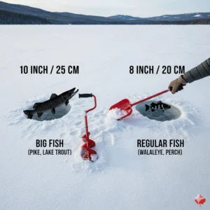 Diagram showing a 10-inch ice auger hole diameter compared to an 8-inch hole, highlighting the space needed for large Canadian pike.