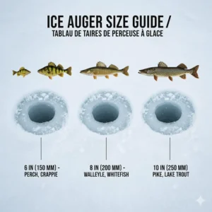 Comparison chart of 6-inch, 8-inch, and 10-inch ice auger diameters for different fish species like Perch, Walleye, and Lake Trout.