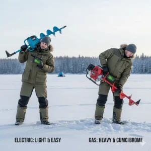 A diagram comparing the lightweight ergonomics of an electric ice auger versus the heavier, engine-mounted gas ice auger for easier transport across ice.