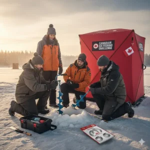 Lifestyle graphic of a group of Canadian ice fishers checking their gear and ice auger blades before a tournament.