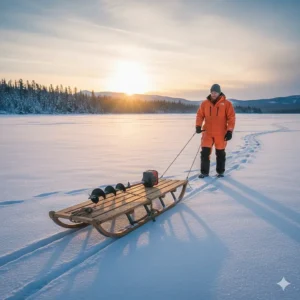 A portable 6-inch ice auger secured to a fishing sled for easy transport across deep Canadian snowbanks.