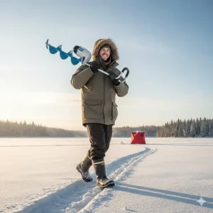Illustration of a fisherman easily carrying a lightweight electric ice auger across the ice, highlighting its portability for trekking.