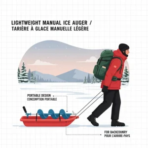 Illustration of a lightweight manual ice auger being carried on a sled for backcountry ice fishing in Quebec.