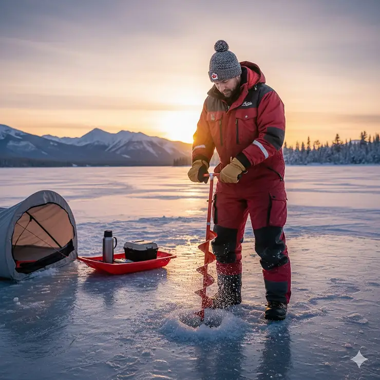 An ice angler using a lightweight manual ice auger on a frozen Canadian lake during sunset, demonstrating ease of use in deep winter conditions.