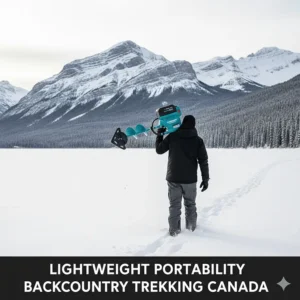 Illustration highlighting the lightweight design of a StrikeMaster ice auger for backcountry trekking in Canada.