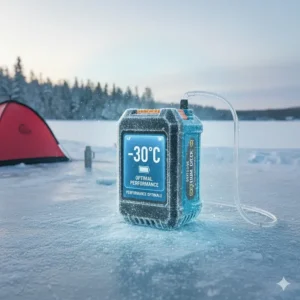Illustration showing a high-capacity lithium battery performing in -30°C Canadian winter conditions for an electric ice auger.