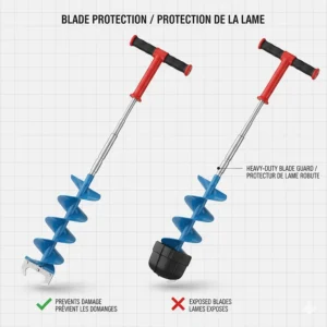 Illustration of a heavy-duty plastic blade guard for a manual ice auger to prevent damage during transport.