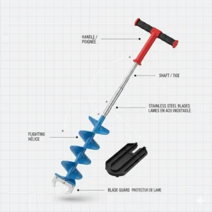 Detailed diagram of a manual ice auger showing the handle, drill assembly, and stainless steel blades.