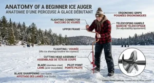 Bilingual graphic showing "Ice Auger / Perceuse à glace" components for the Canadian market.