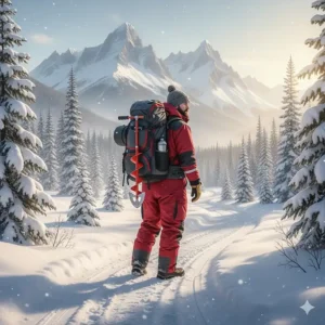 A diagram showing the lightweight manual ice auger being easily carried in a backpack across a snowy Canadian trail.