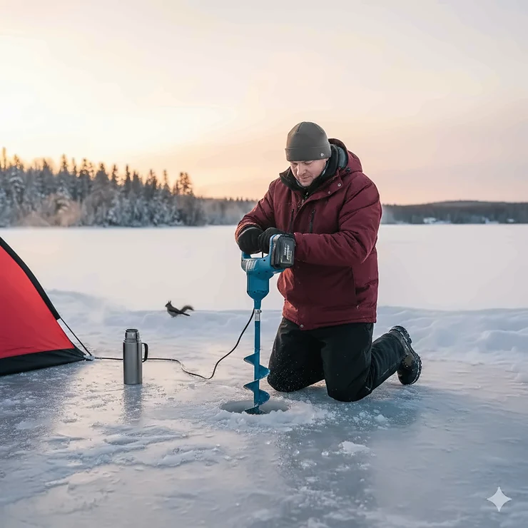 A fisherman using the quietest electric ice auger on a frozen lake in Ontario, Canada, showcasing its lightweight design and silent operation during a peaceful sunrise.