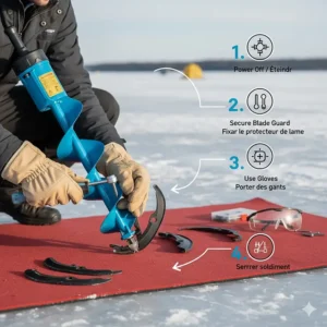 Illustration showing safe ice auger blade replacement steps with protective gloves for Canadian anglers.