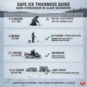 Illustrated guide to safe ice thickness for using a heavy-duty 10-inch ice auger on Canadian waterways.