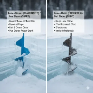 Comparison illustration showing the efficiency of new ice auger blade replacements vs. dull blades in thick Canadian ice.