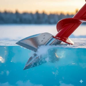Technical illustration of the high-carbon steel blades of a lightweight manual ice auger cutting through thick blue ice.
