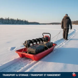 Illustration of a 10-inch ice auger secured in a portable fishing sled (pulk) for transport across frozen terrain.